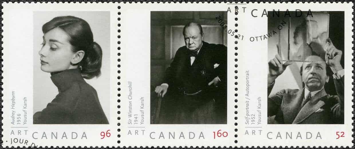 Photo stamps of Audrey Hepburn, Sir Winston Churchill, and Yousuf Karsh on a Canadian stamp.