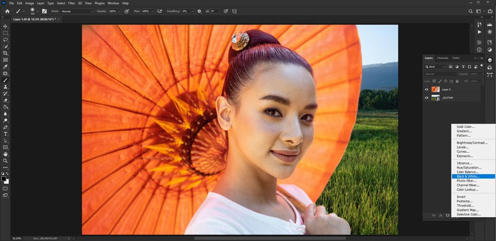 screen grab from Photoshop showing how to add an adjustment layer