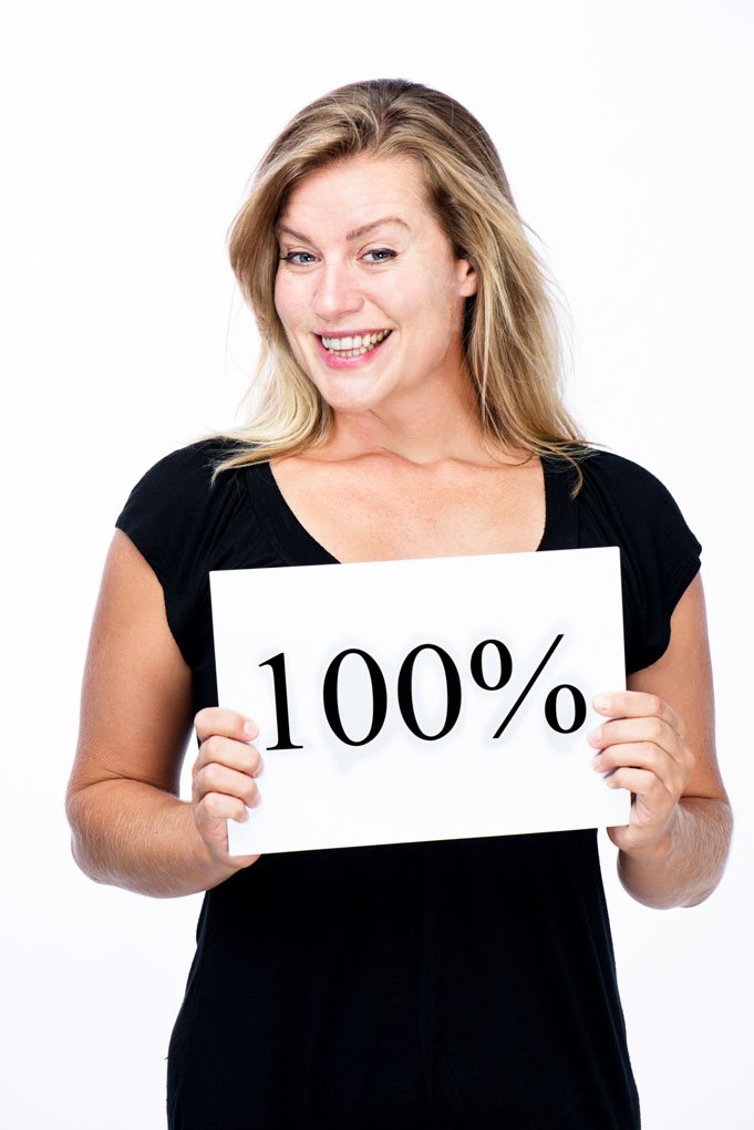 woman with a 100% sign.