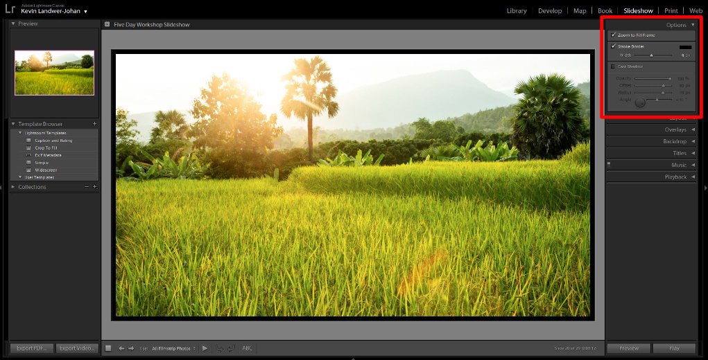options panel in lightroom with photo of rice field.