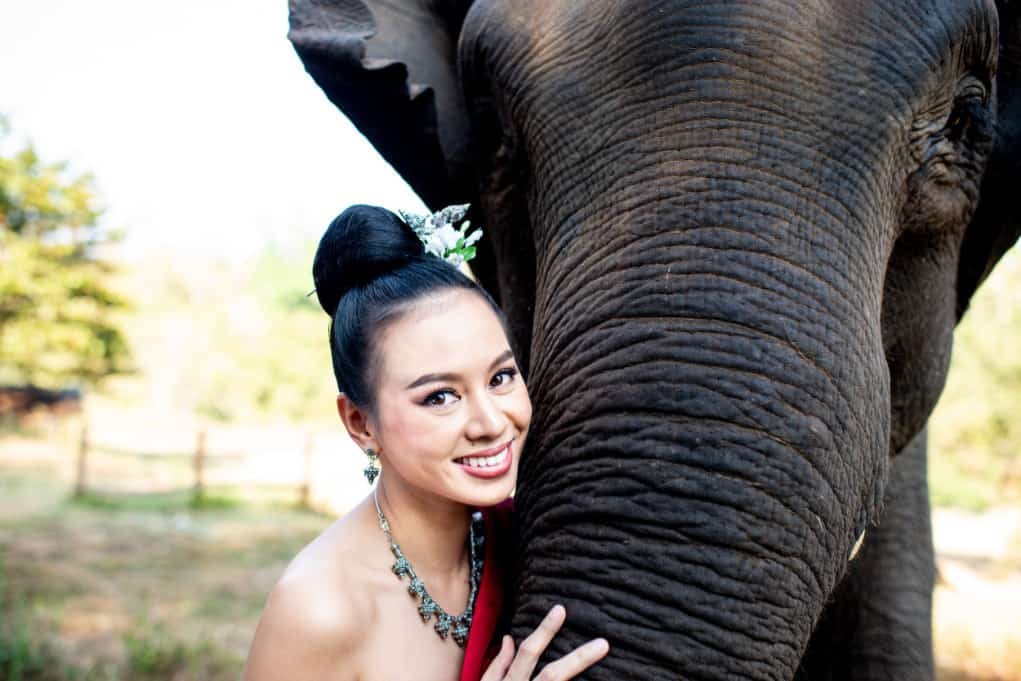 Thai woman with an elephant for shooting in manual mode.