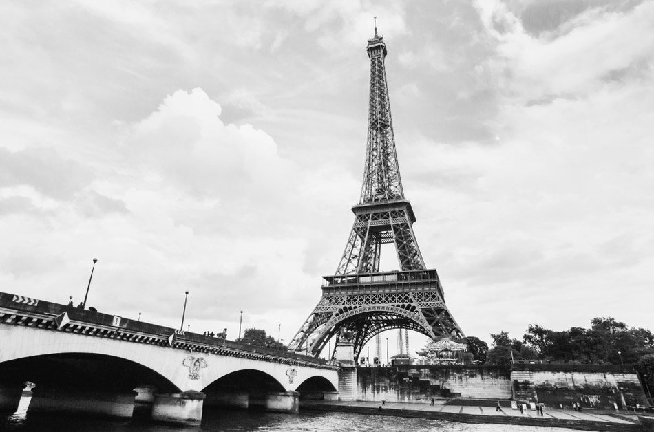 black and white photograph of Eiffel Tower