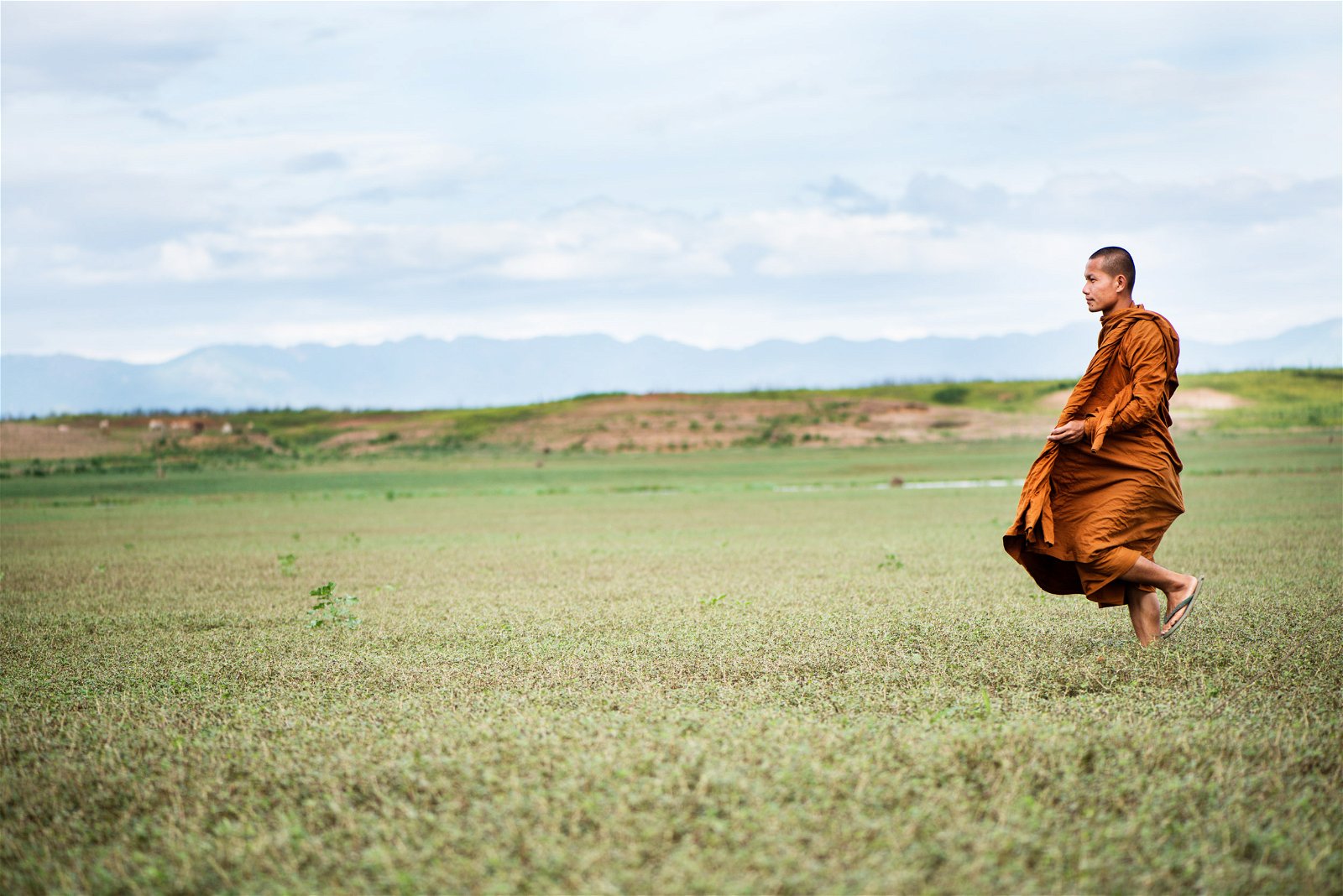 Buddhist monk in a field illustrating negative space photography example.