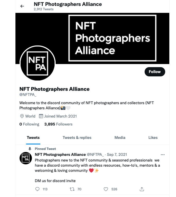 NFT Photographers Alliance Twitter page.
