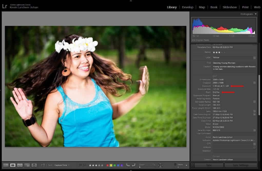 Lightroom screen grab of woman dancing for what is exif data.