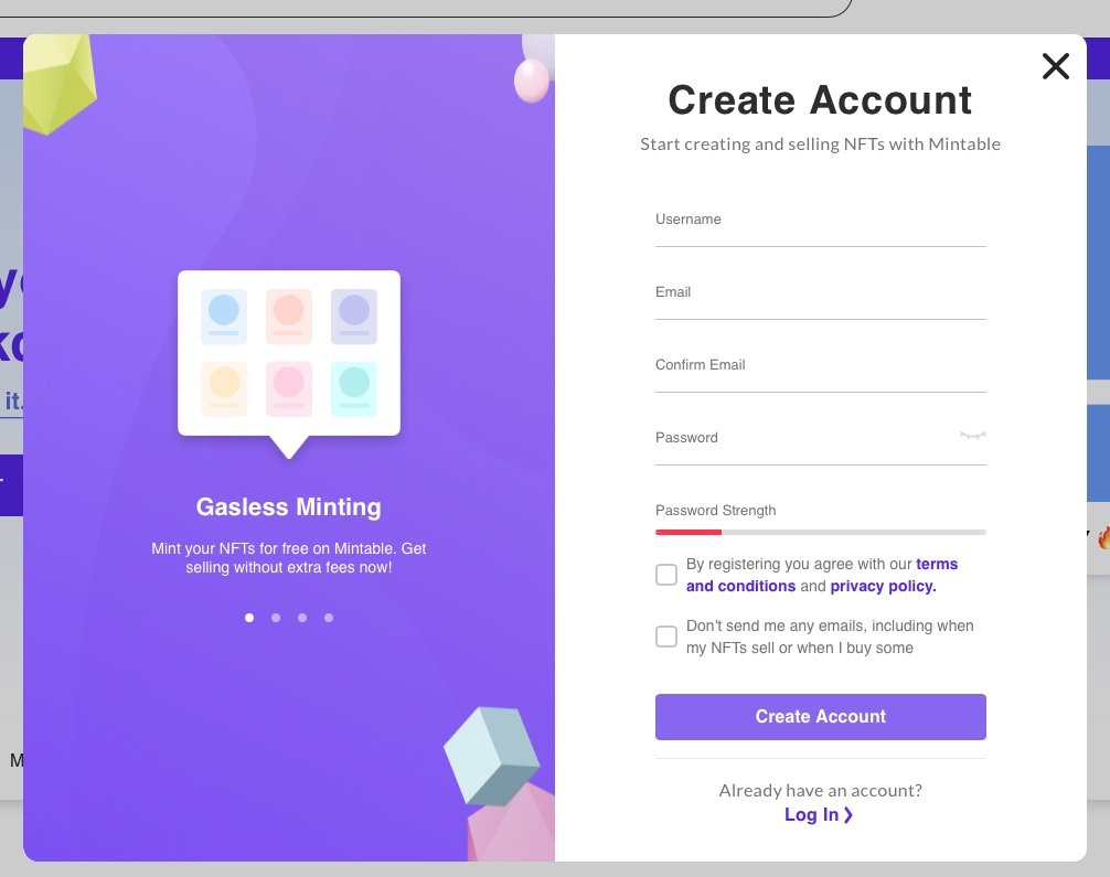 Account creation page on Mintable.