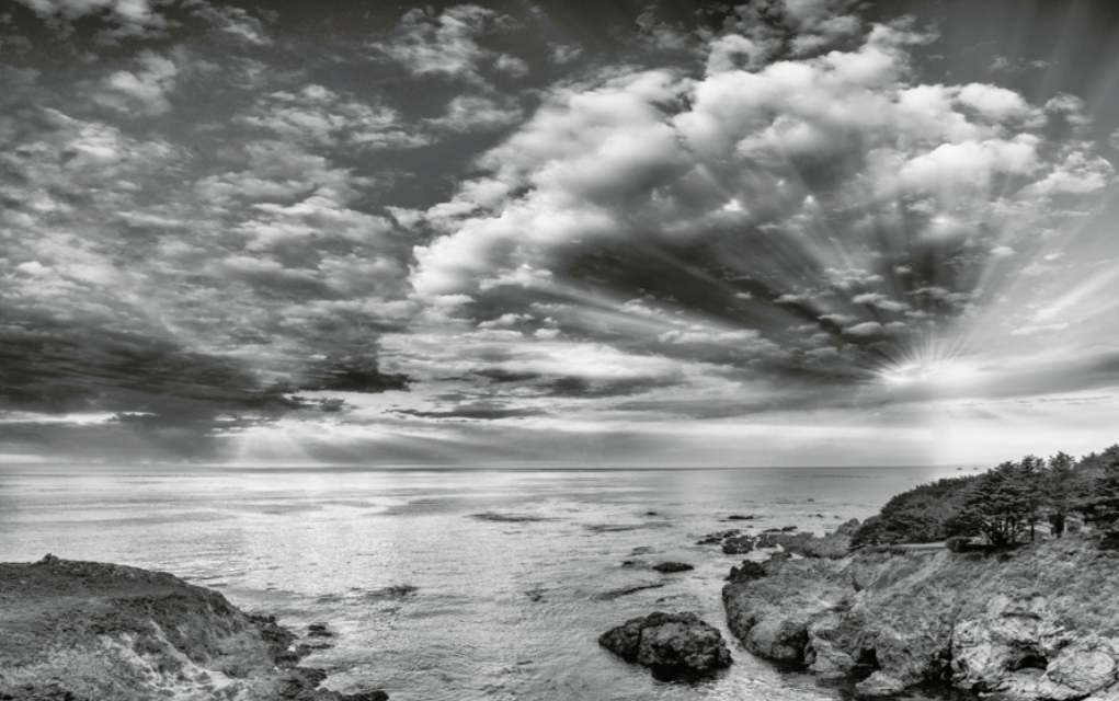 black and white ocean landscape