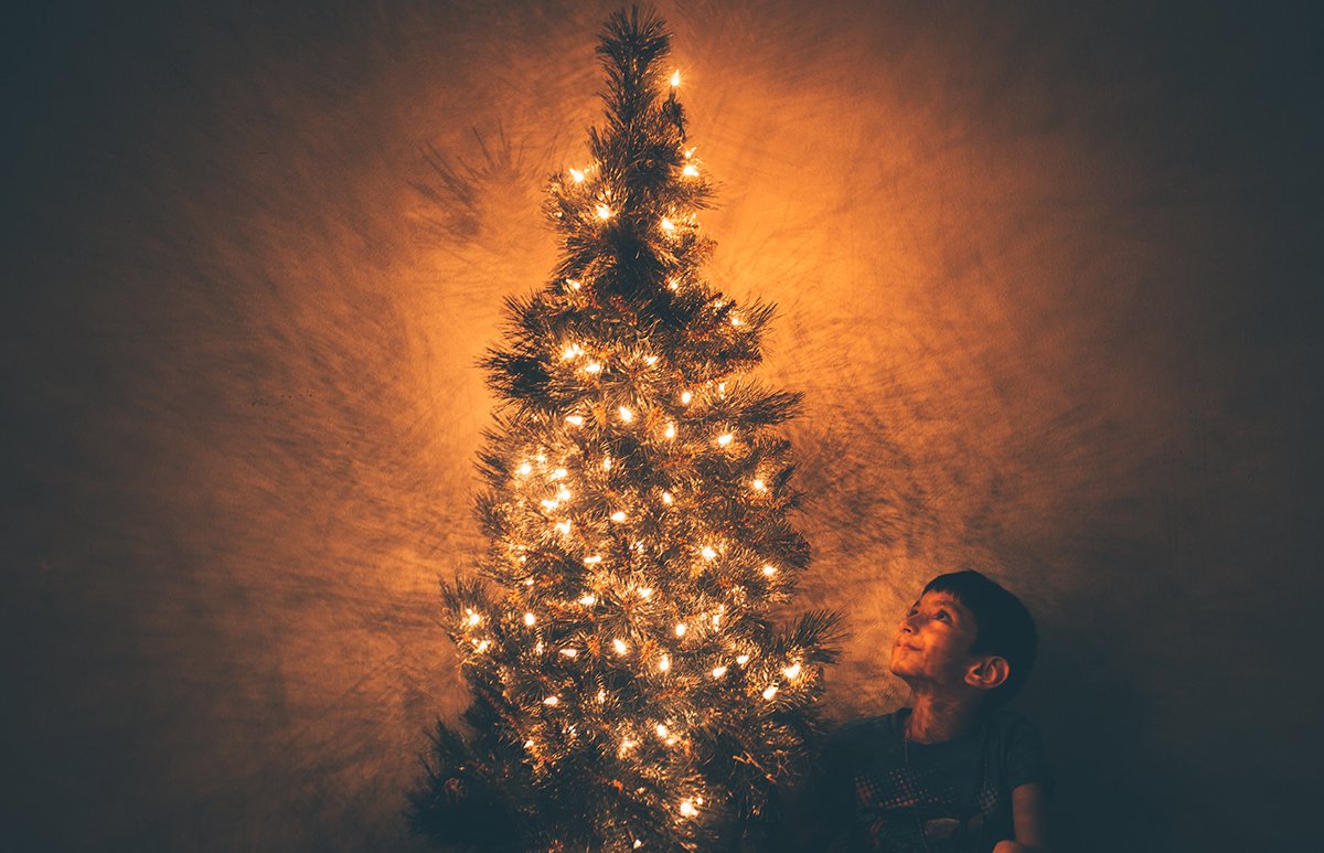 boy looking up at Christmas tree in a dark room.
