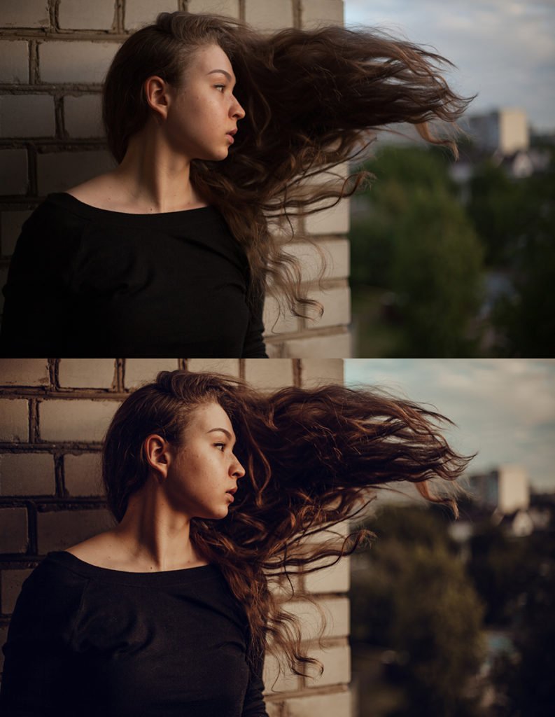 Before & after examples of self-portrait photography color correction.