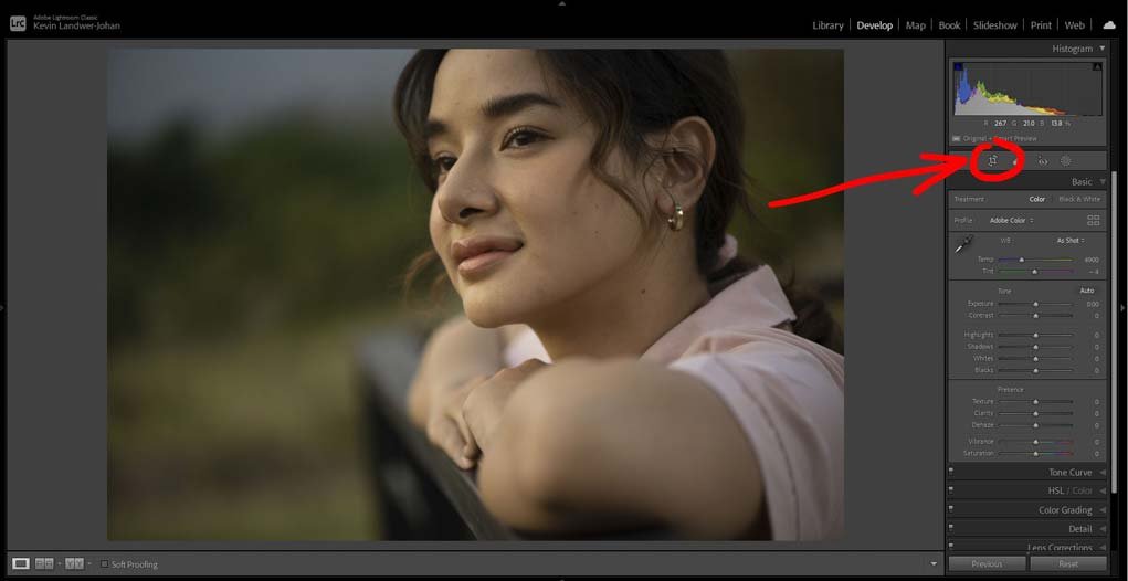 using the crop tool for editing a portrait in lightroom.