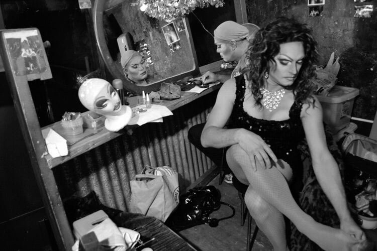 Drag queens getting ready behind the scenes. Social documentary photos. 
