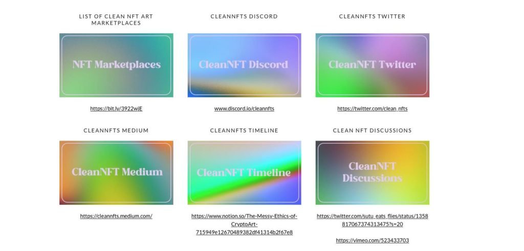 Examples of clean NFT marketplaces, articles, and group chats.