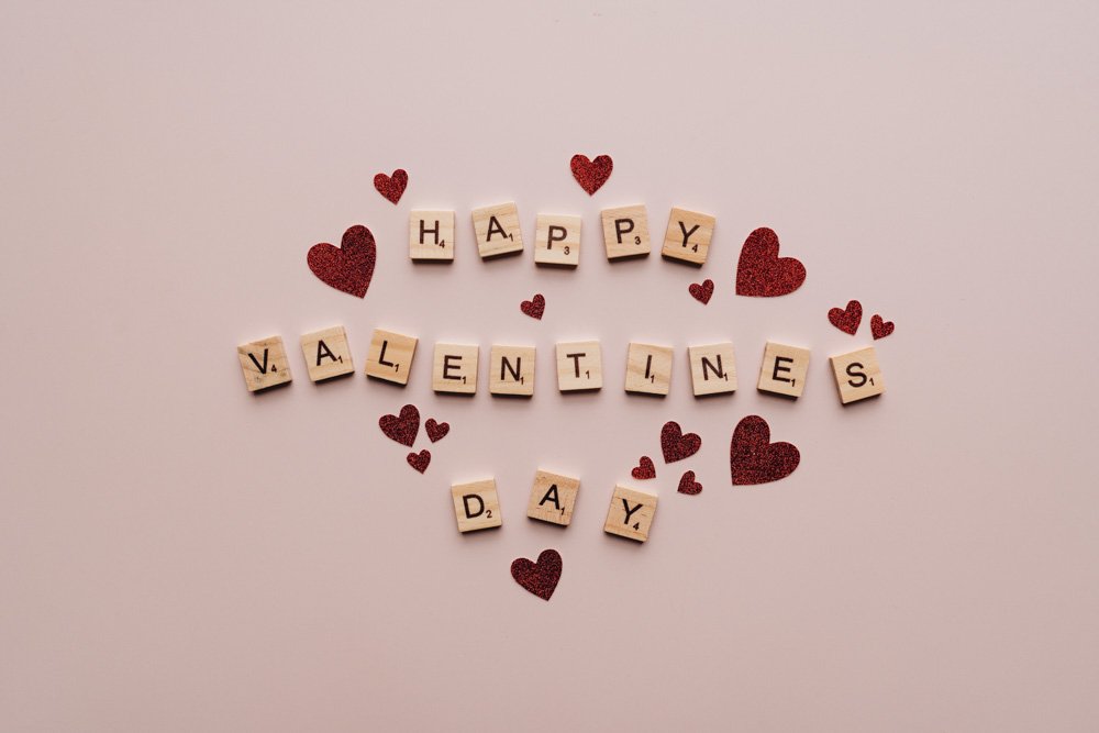 Flat lay of text to celebrate valentines day.