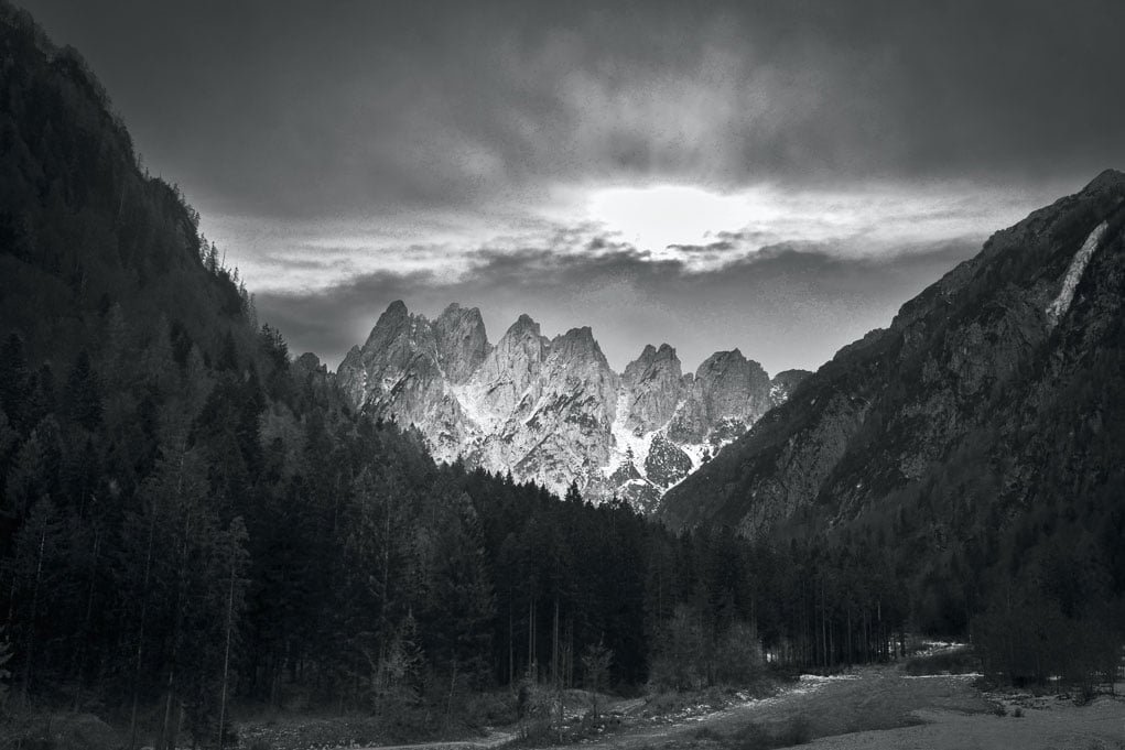 black and white landscape with mountains