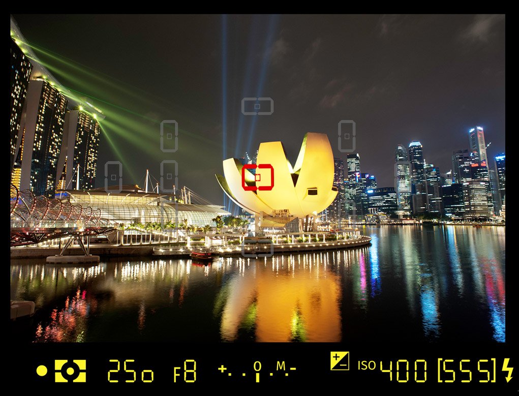 night scene framed in camera viewfinder.