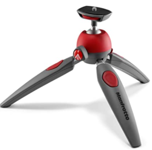 Sturdy and strong small mini grey and red tripod for dslr cameras.