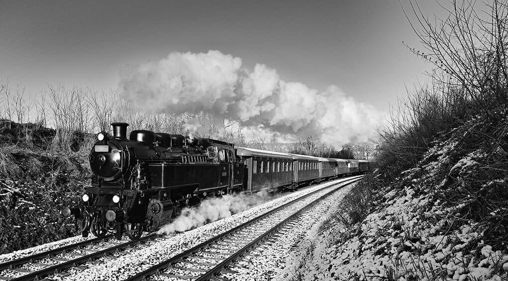 Black & white photo of train.