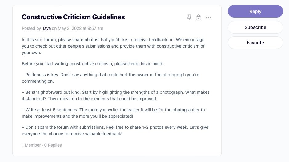 online photography community guidelines for constructive criticism.