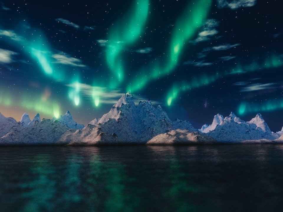 icebergs with aurora borealis timelapse in night sky.